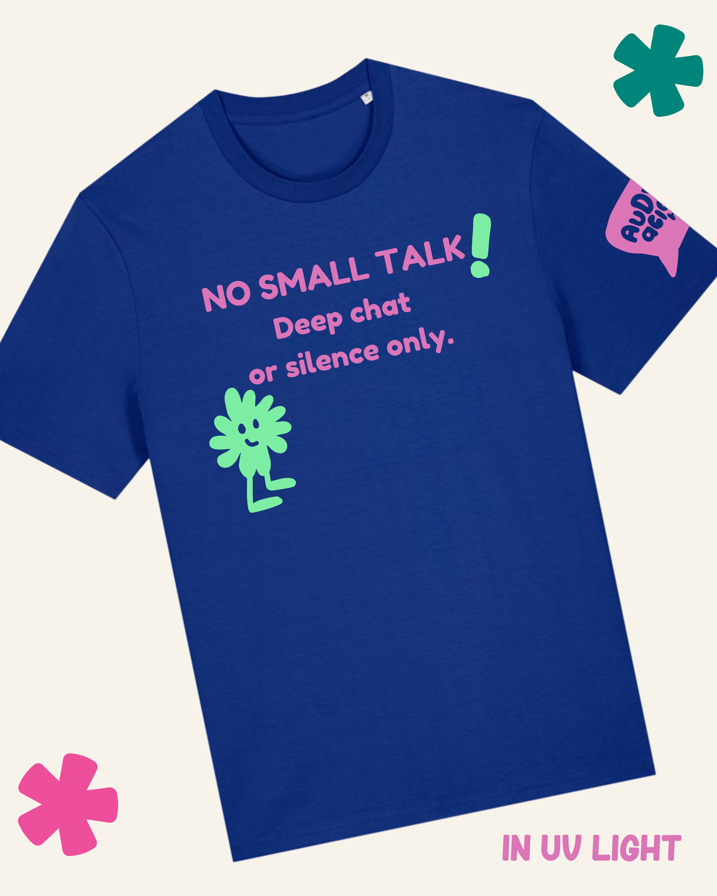 Blue t-shirt with text and graphics on a white background