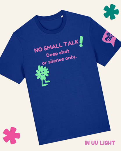 Blue t-shirt with text and graphics on a white background