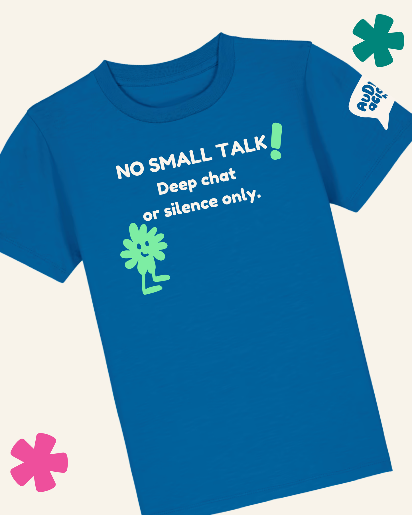 Blue t-shirt with 'No Small Talk!' text and graphic on a white background