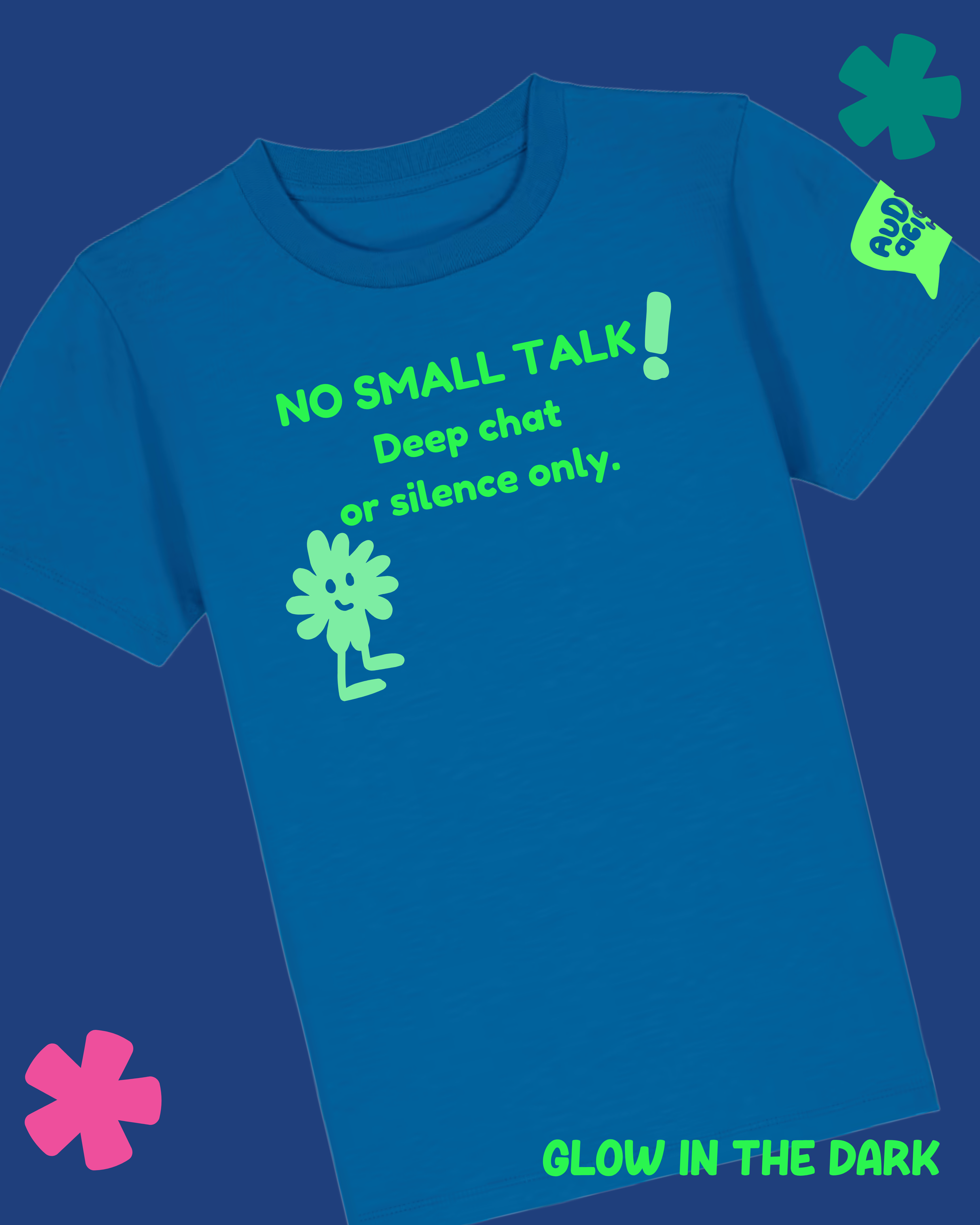 Blue t-shirt with green text and graphics on a blue background