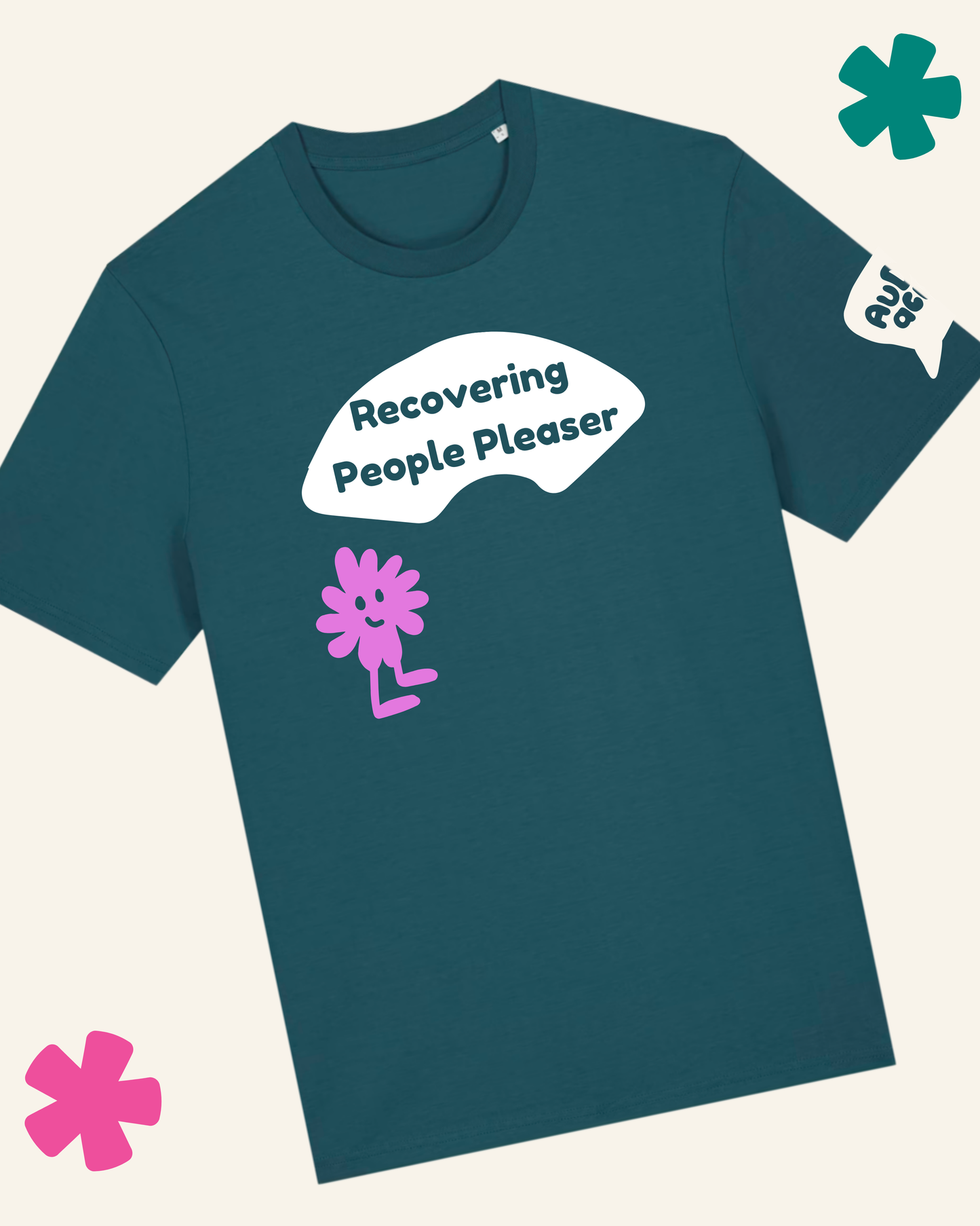 Teal t-shirt with 'Recovering People Pleaser' text and pink flower graphic on a white background