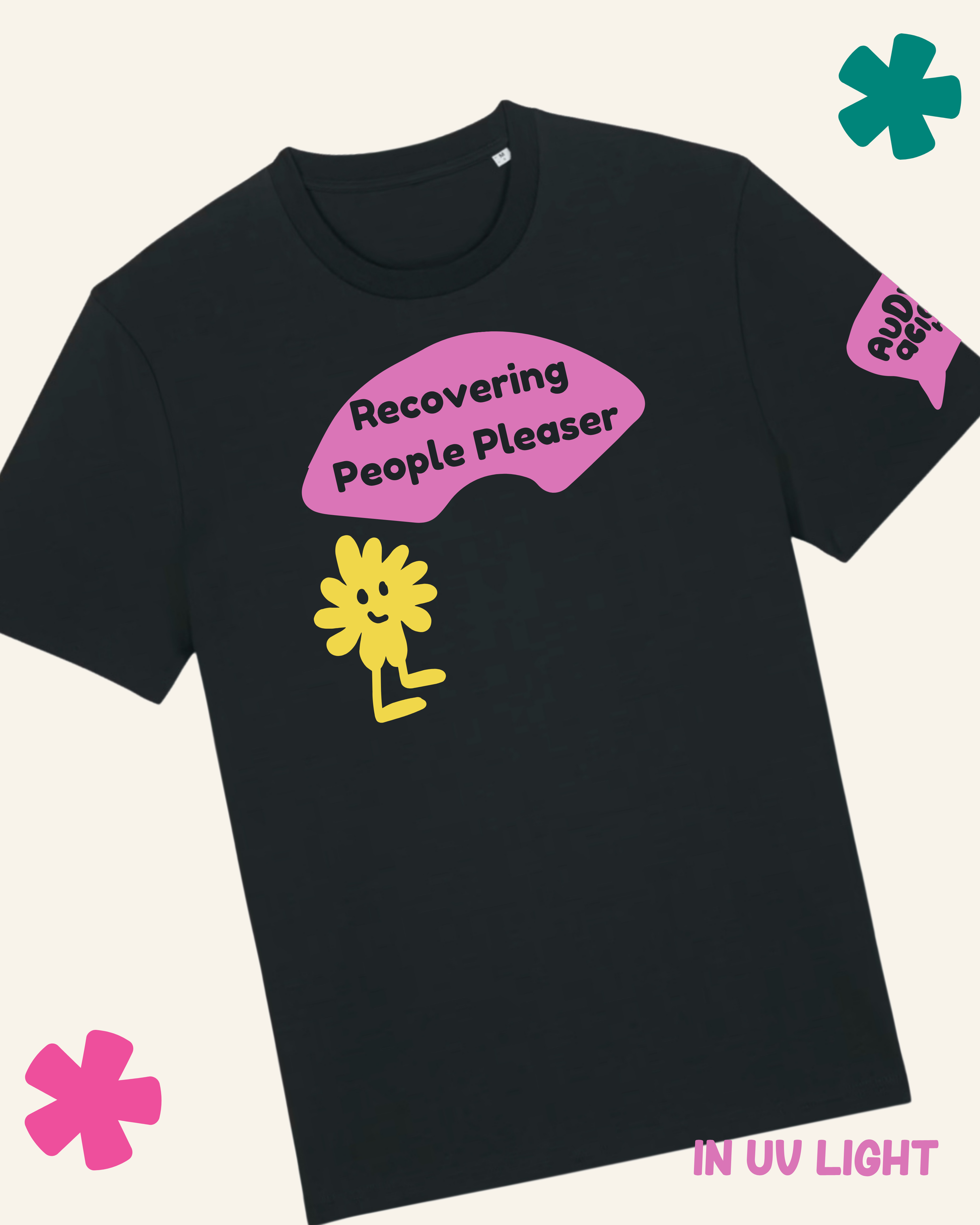 Black t-shirt with pink and yellow graphic design on a light gray background