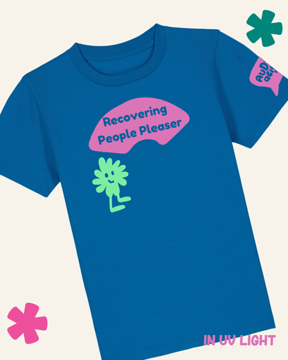 Blue t-shirt with 'Recovering People Pleaser' text and graphic on a light gray background