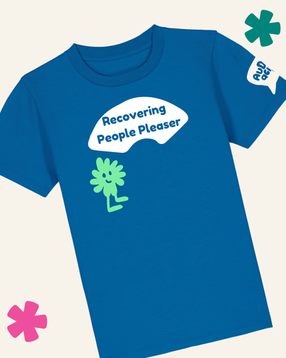 Blue t-shirt with a graphic and text 'Recovering People Pleaser' on a white background