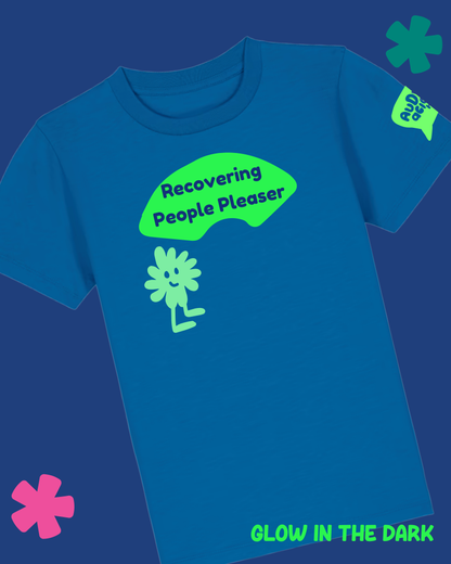 Blue t-shirt with green text and graphics on a blue background