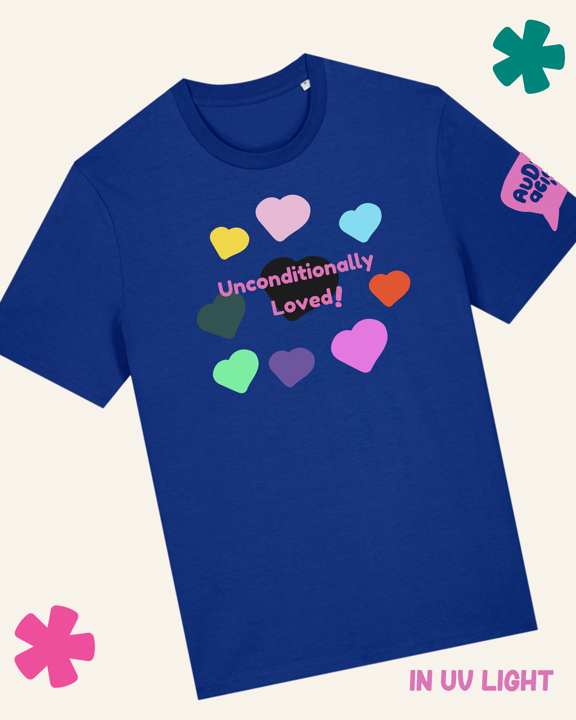 Blue t-shirt with colorful heart design and 'Unconditionally Loved!' text on a light gray background.