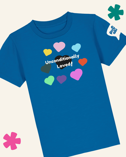 Blue t-shirt with colorful hearts and 'Unconditionally Loved!' text on a white background