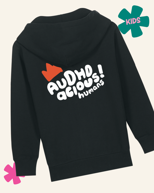 Black hoodie with text and graphics on a light gray background