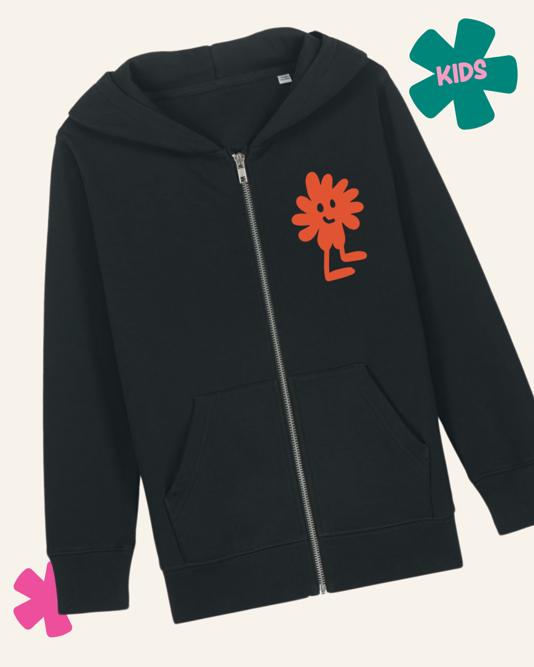 Black hoodie with orange cartoon character on a white background