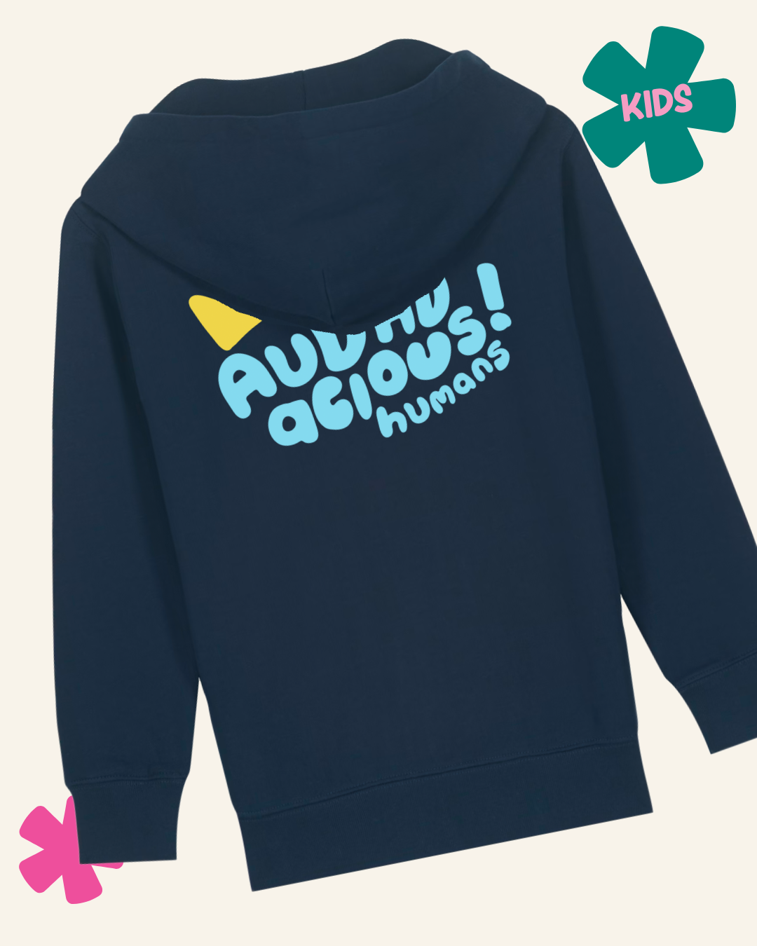 Navy blue hoodie with colorful text and graphics on the back, on a light beige background.
