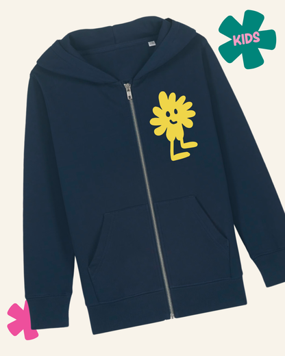 Navy blue hoodie with a yellow cartoon character on a light gray background