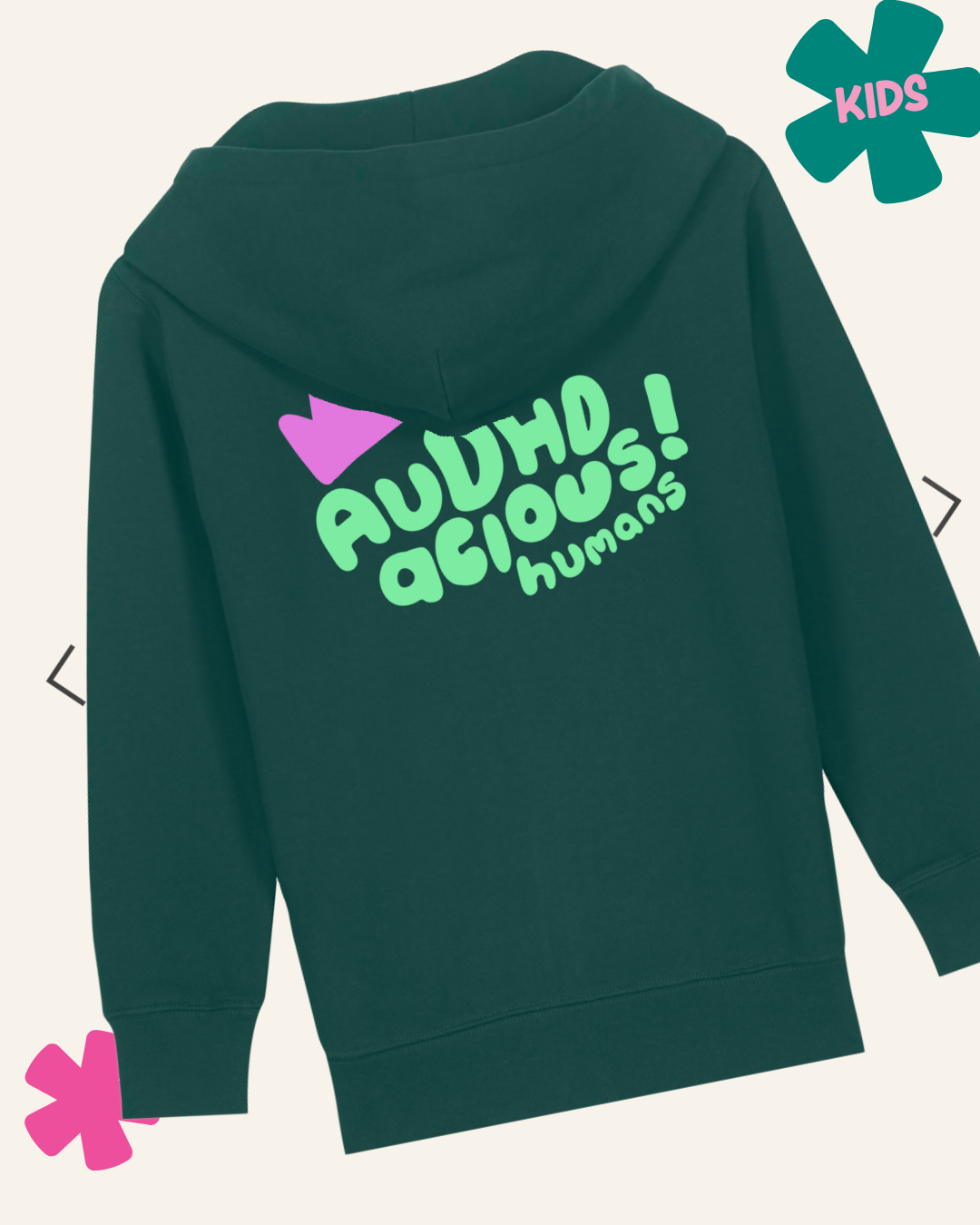 Green hoodie with colorful text and graphics on a light background