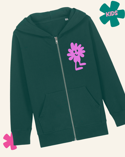 Green hoodie with a pink cartoon character on a white background