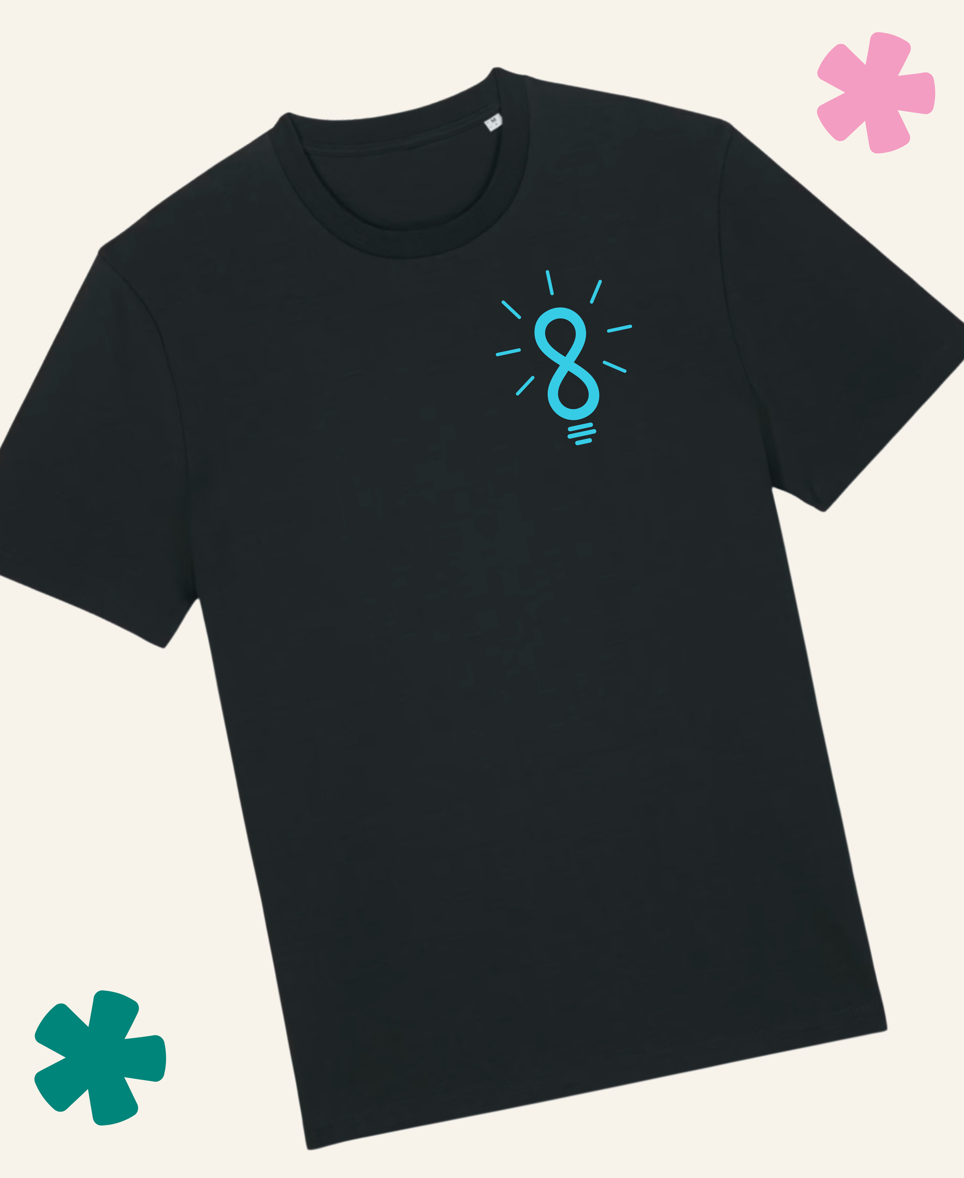 Black t-shirt with blue lightbulb design on a white background Unite Club x Something Profound