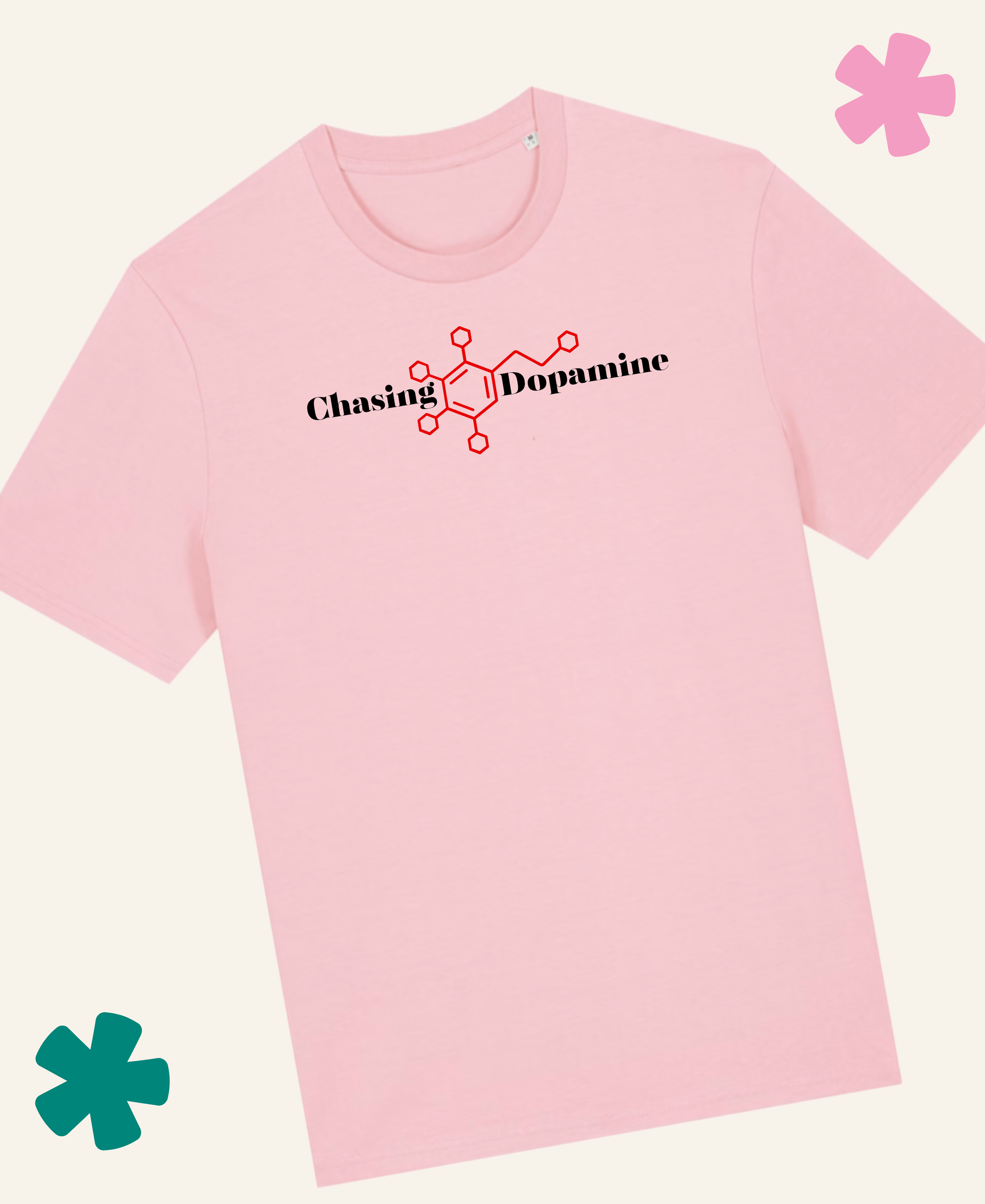 Pink t-shirt with 'Chasing Dopamine' text and molecule design on a white background