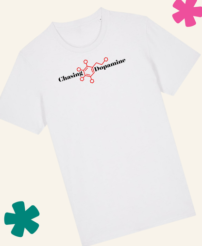 White t-shirt with 'Chasing Dopamine' text and molecular structure graphic on a light background