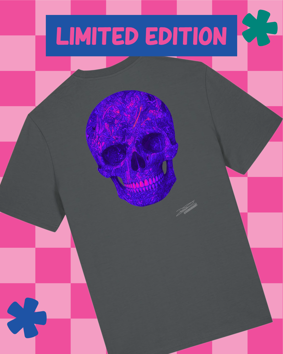 Gray t-shirt with purple skull design on a pink and white checkered background