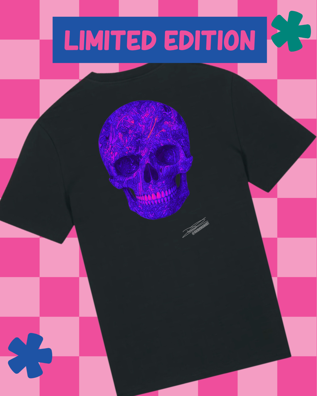 Black t-shirt with purple skull design on a pink checkered background with 'Limited Edition' text.