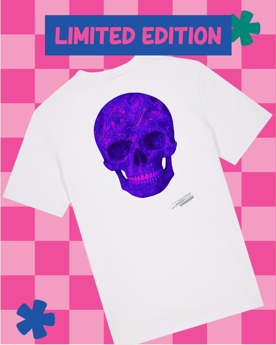 White t-shirt with a purple skull design on a pink checkered background with 'Limited Edition' text.