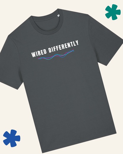 David Kirkman Wired Differently neurodivergent art t-shirt in anthracite — Something Profound