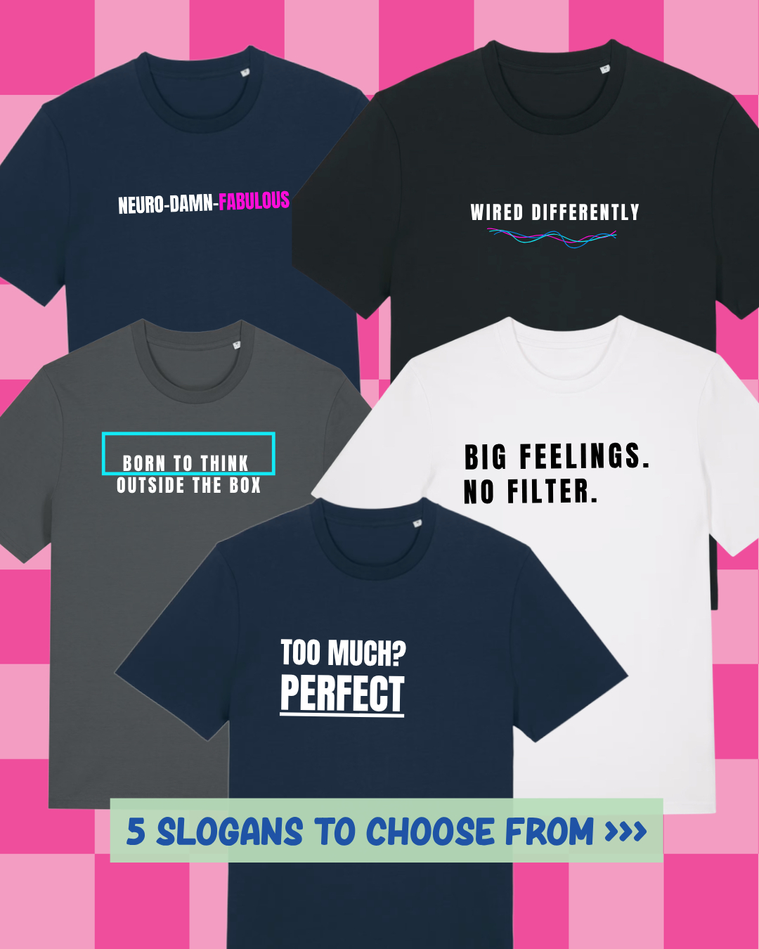 Five t-shirts with different slogans on a pink and white checkered background