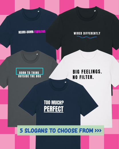 Five t-shirts with different slogans on a pink and white checkered background