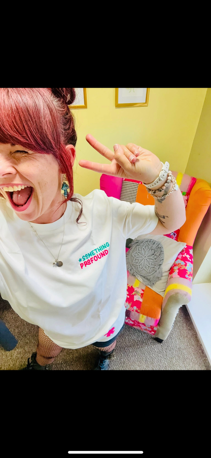 Kylie Dixon MBE wearing a Something Profound T-shirt 