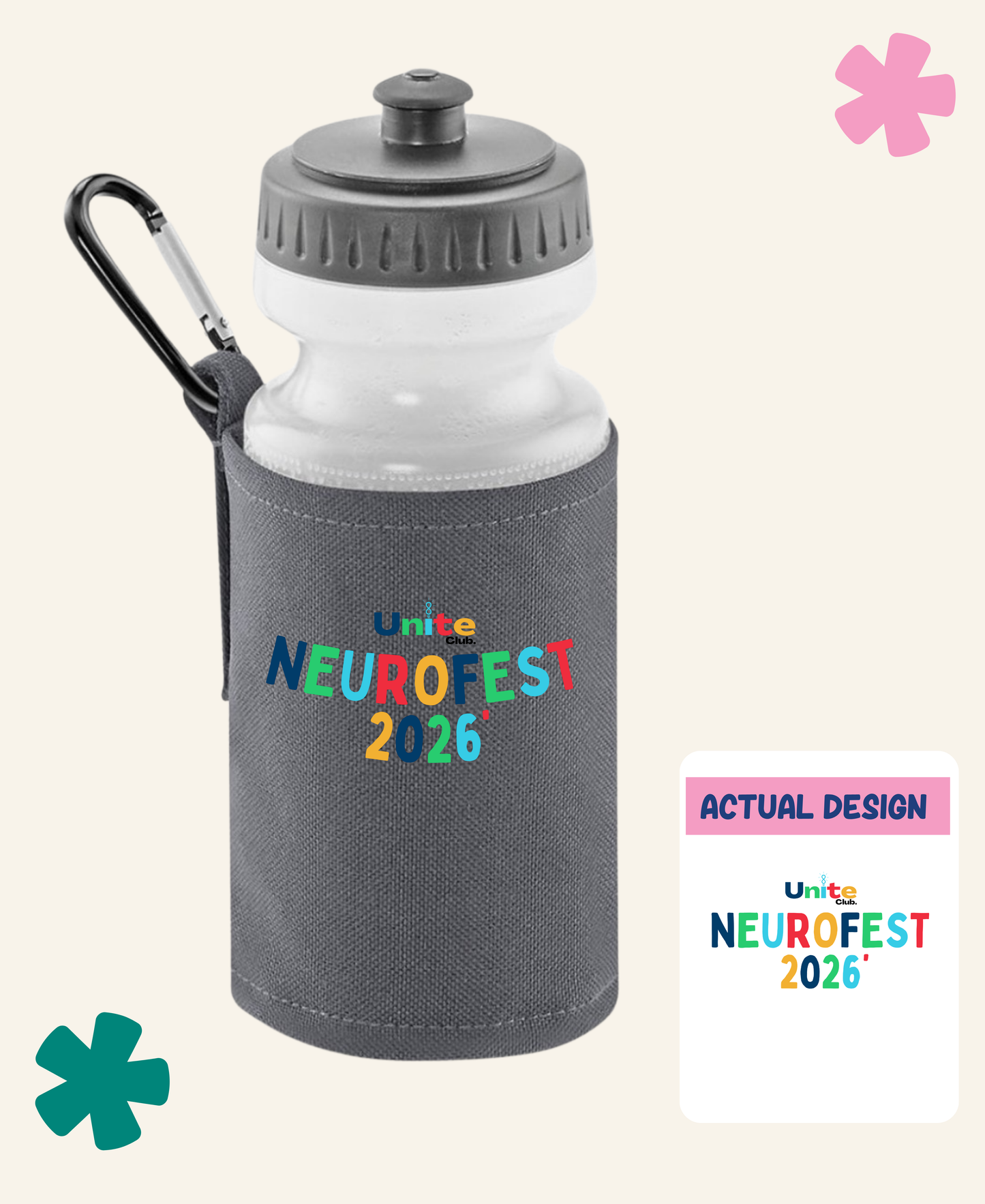 Grey Neurofest Unite Club Water Bottle Holder – Belt Loop and Carabiner Clip – Neurofest x Unite Club