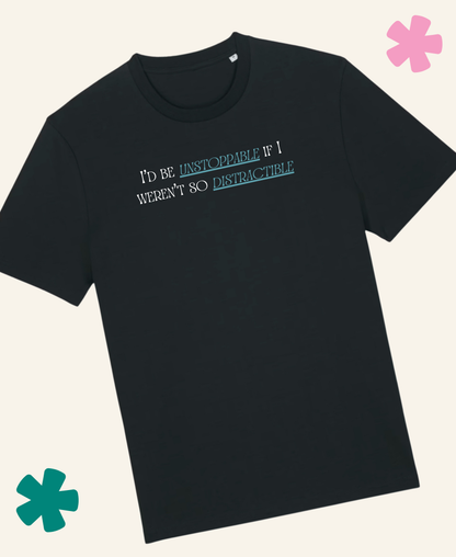 Black t-shirt with colorful text design on a white background