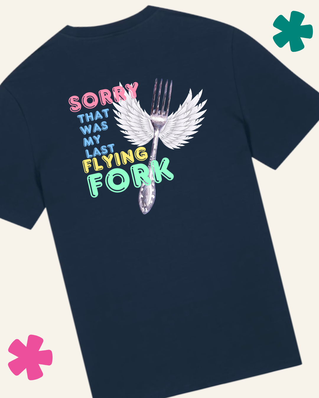 Navy blue t-shirt with a graphic of a flying fork and text on a white background