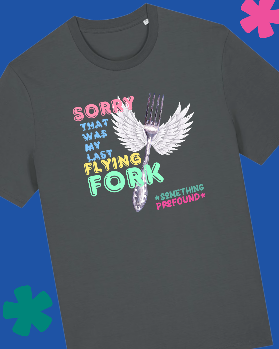 Grey t-shirt with a graphic of a flying fork and colorful text on a blue background