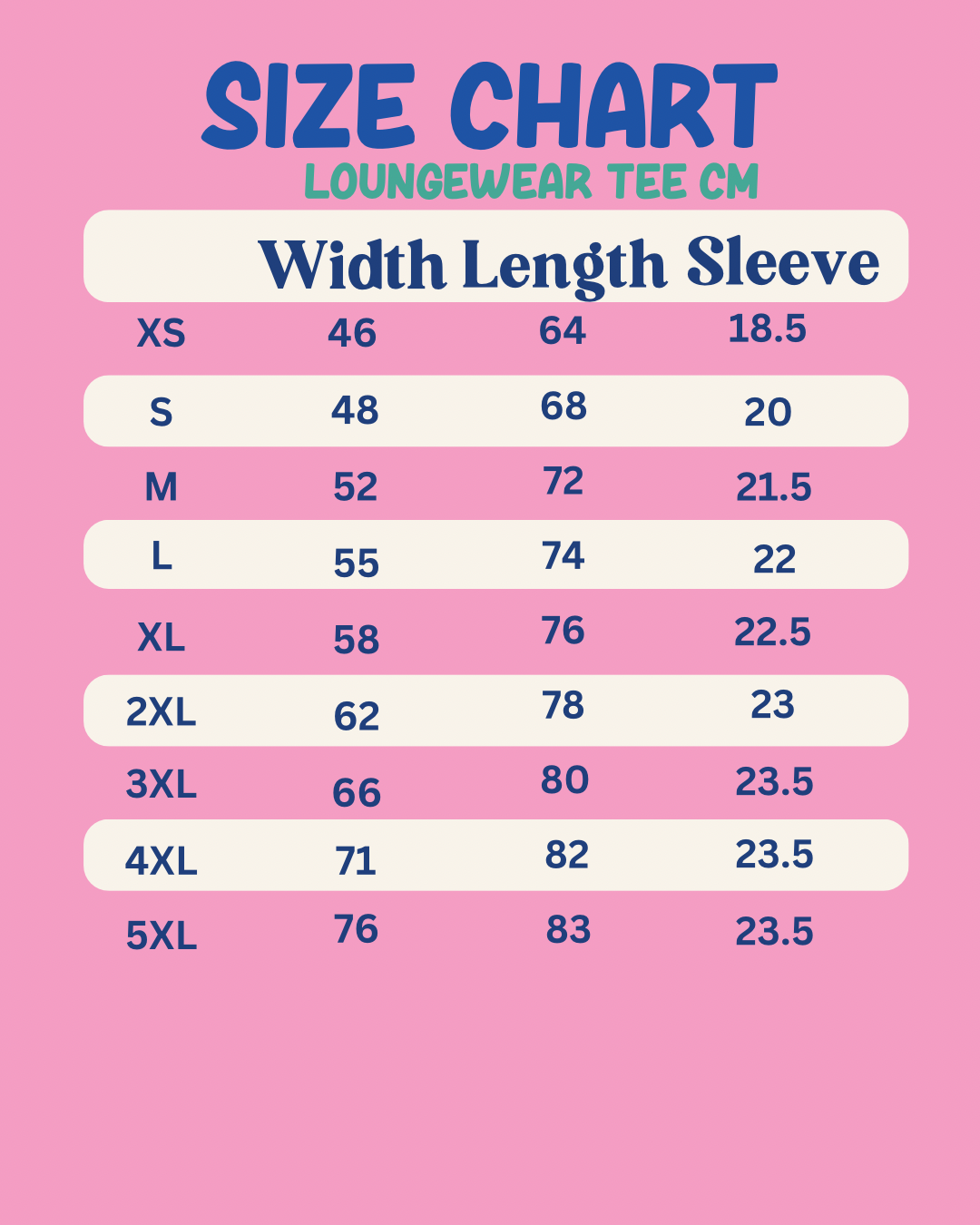 Size chart for loungewear tee measurements on a pink background