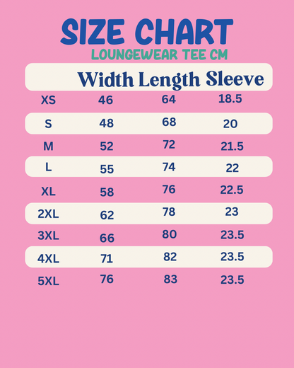 Size chart for loungewear tee measurements on a pink background