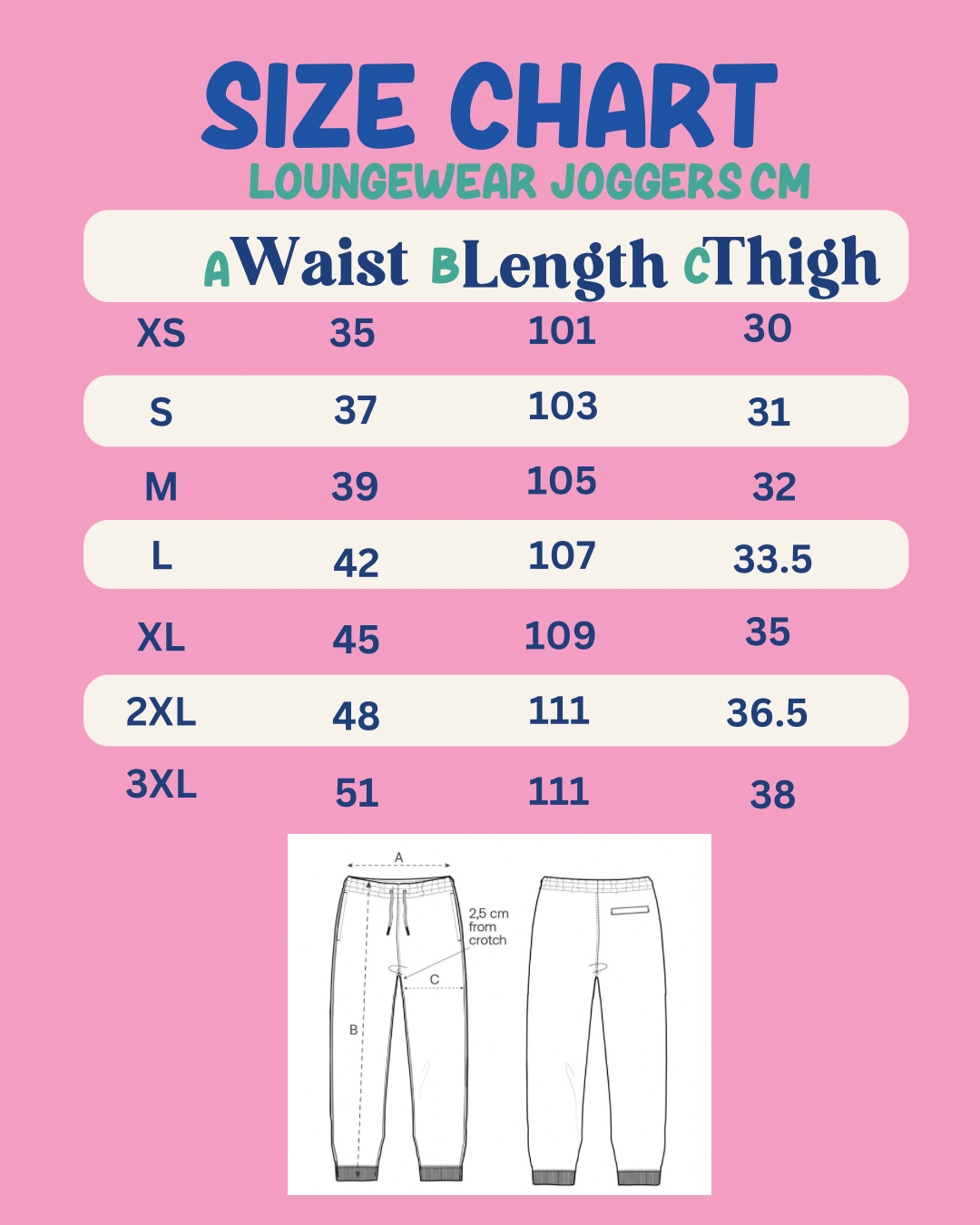 Size chart for loungewear joggers on a pink background