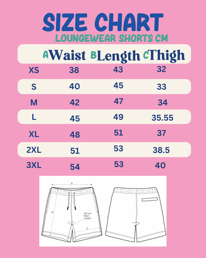 Size chart for loungewear shorts on a pink background