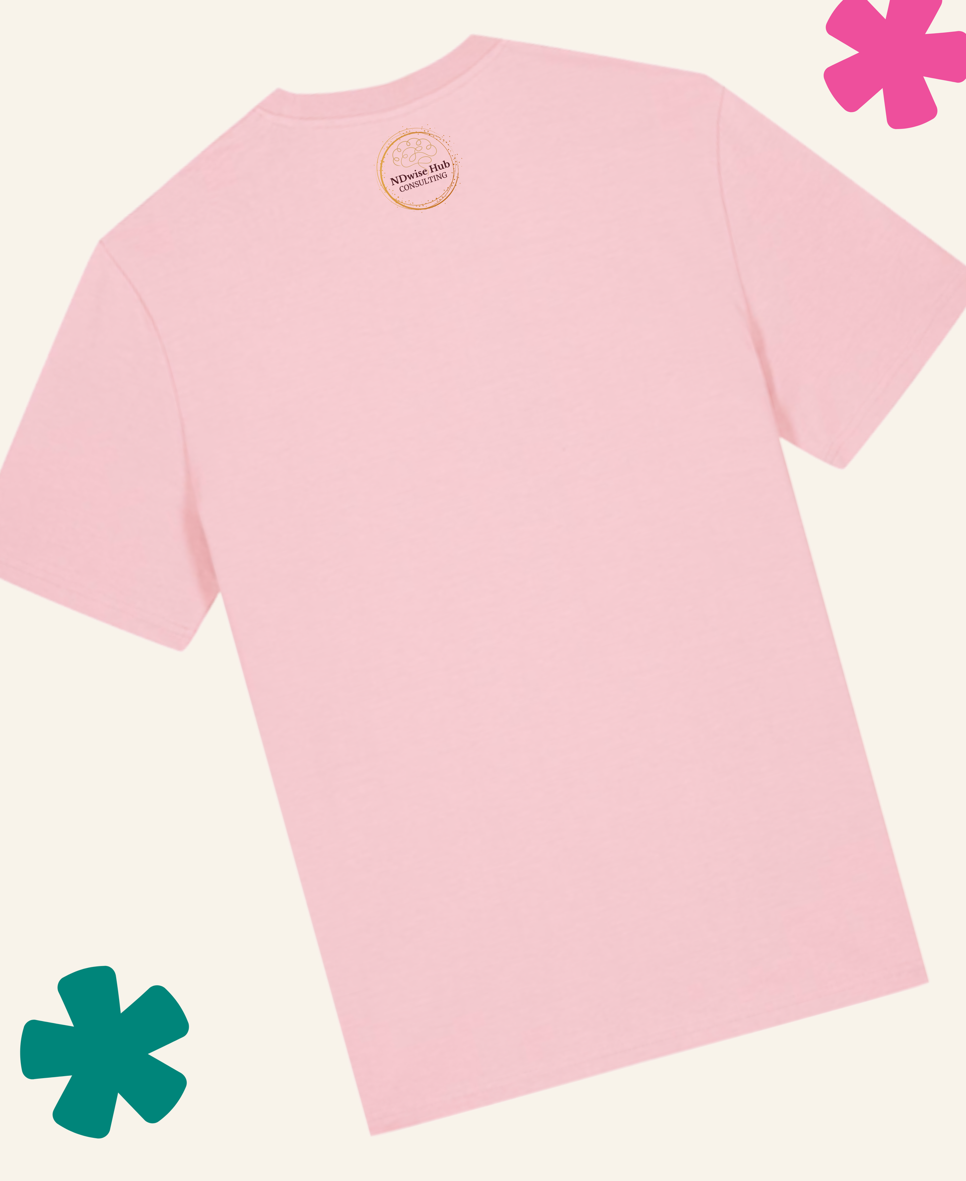 Pink t-shirt with a logo on the back against a white background