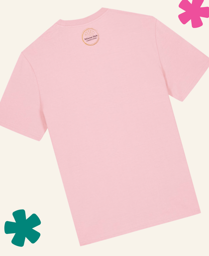 Pink t-shirt with a logo on the back against a white background