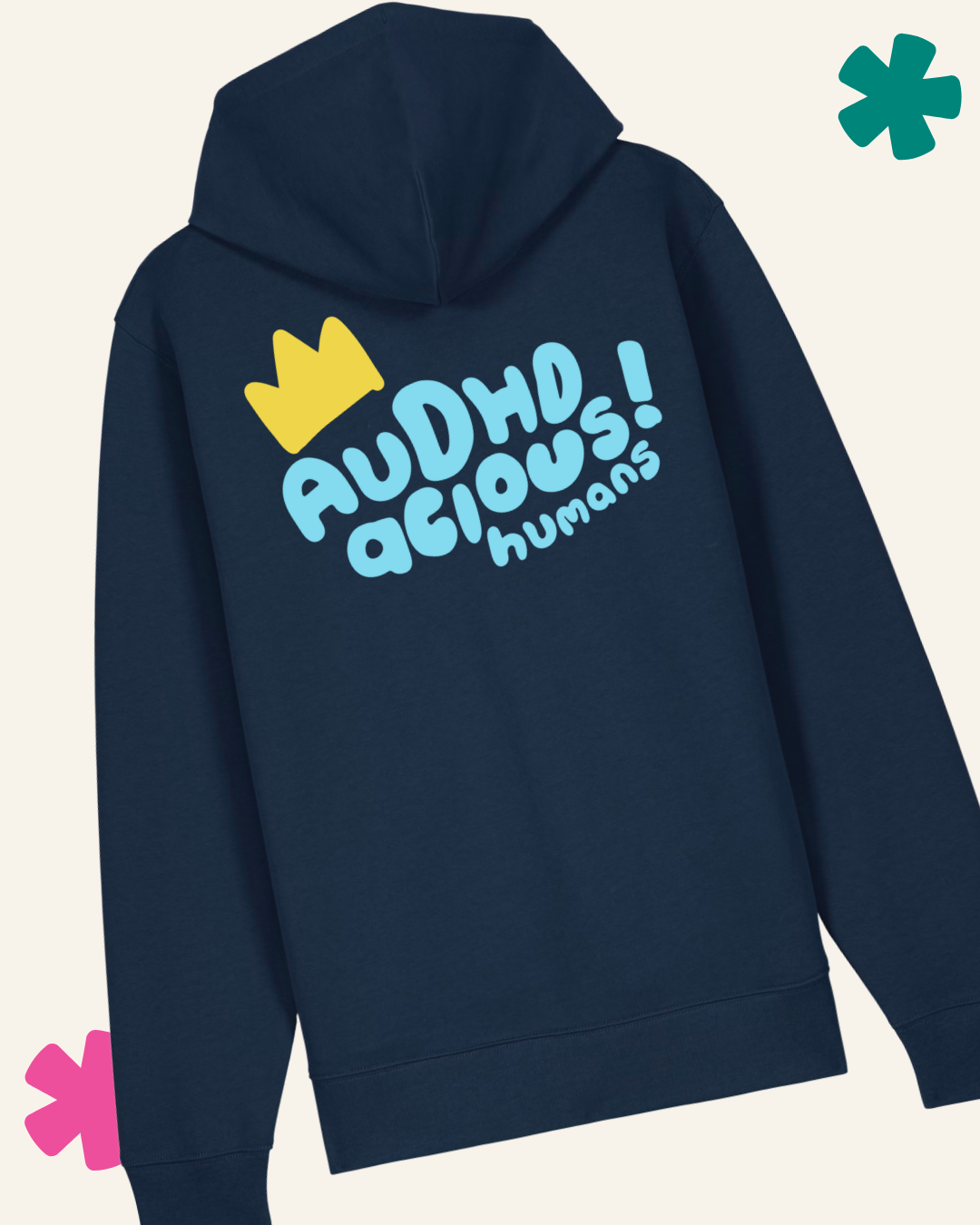 Navy blue hoodie with colorful text and logo on the back against a light beige background