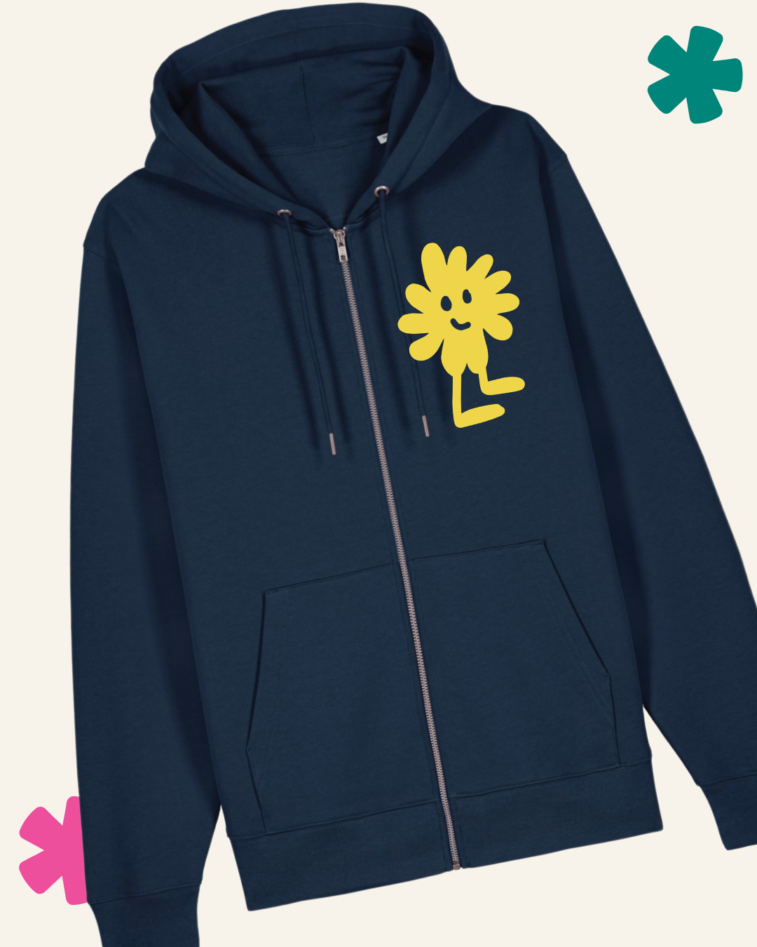 Navy blue hoodie with a yellow cartoon character on a light beige background