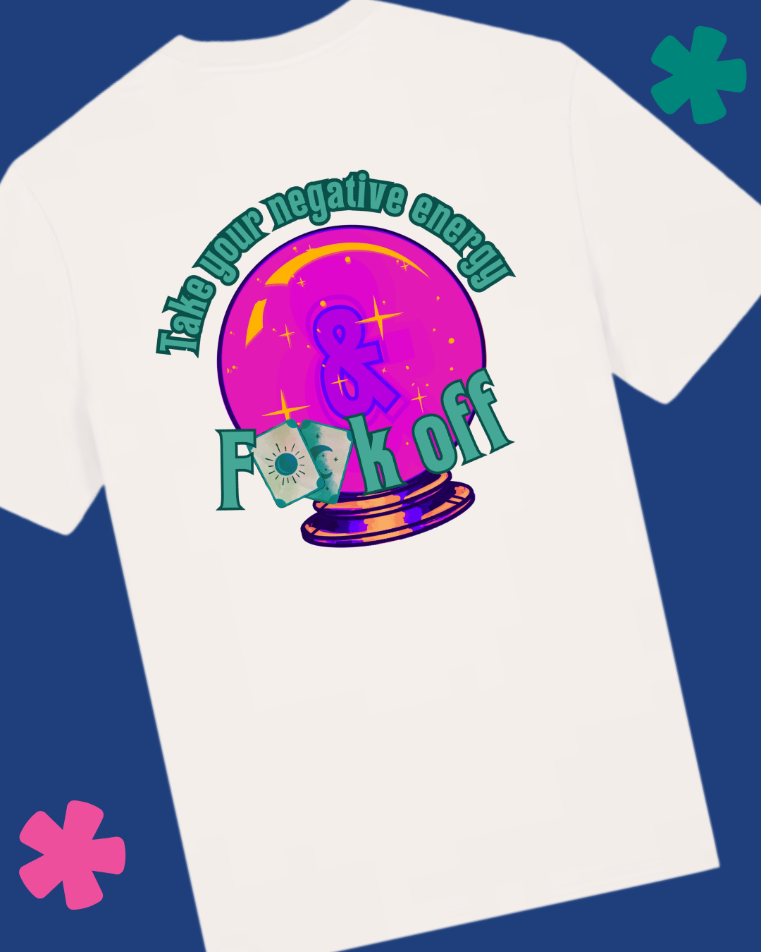 White t-shirt with colorful graphic design of a crystal ball on a blue background