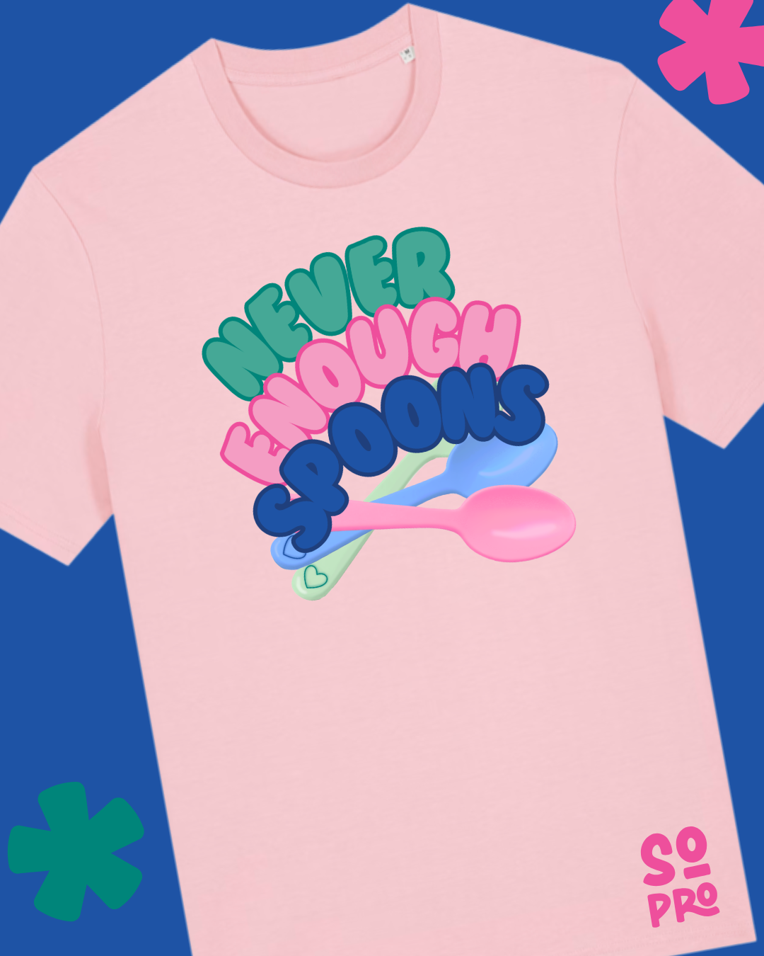 Pink t-shirt with colorful text and spoon graphic on a blue background