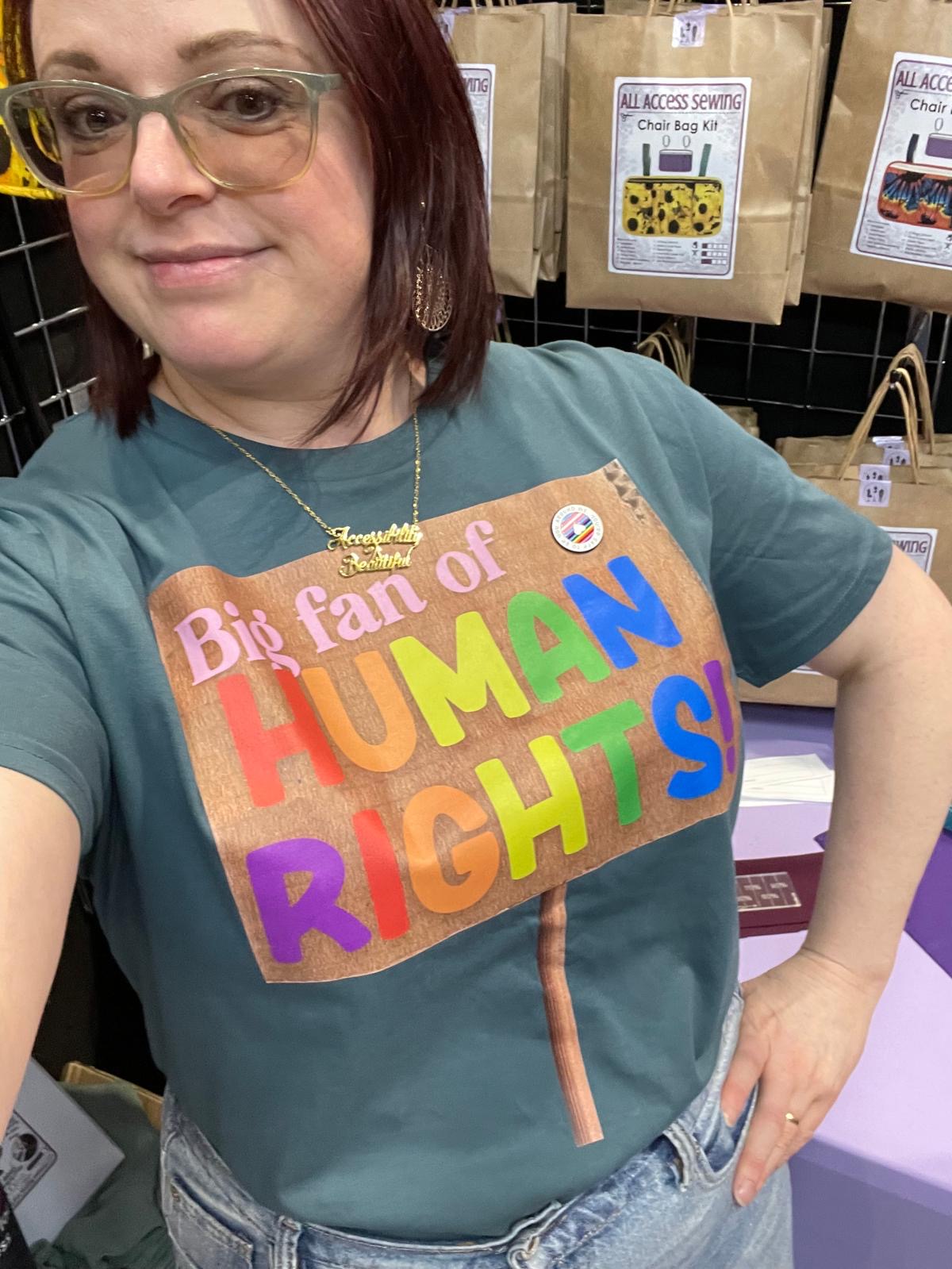 Becky from All Access Sewing wearing the Big Fan of Human Rights activist t-shirt — Something Profound