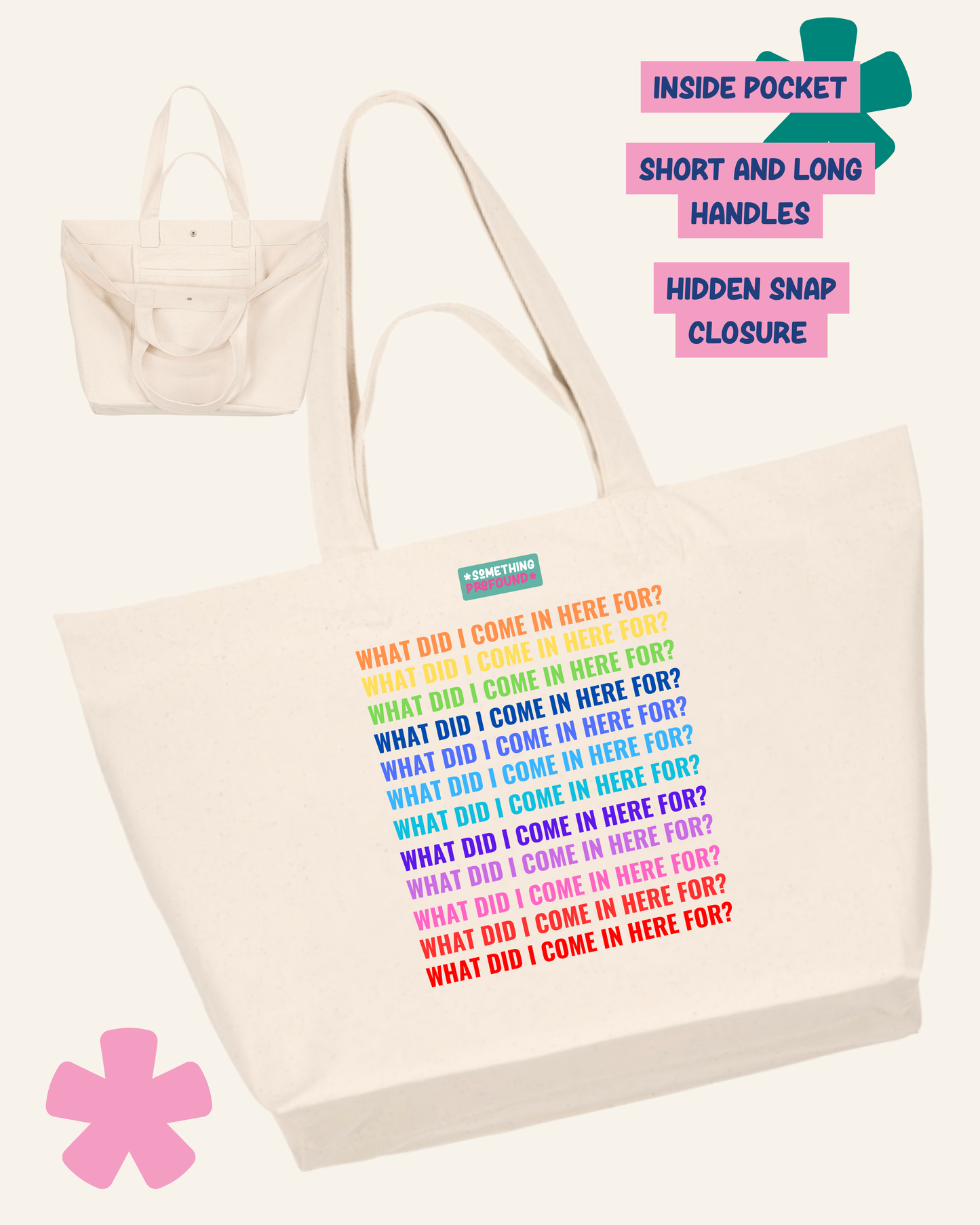 A natural canvas tote bag with coloruful repeated text reading 'WHAT DID I COME IN HERE FOR?' and a small 'something profound' label. A smaller inset shows the bag's inside pocket view snap closure and two length straps 