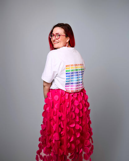 Sam wearing a white t-shirt with colourful text ‘what did I come in here for?’ and a pink skirt on a gray background photo by Haydn brown