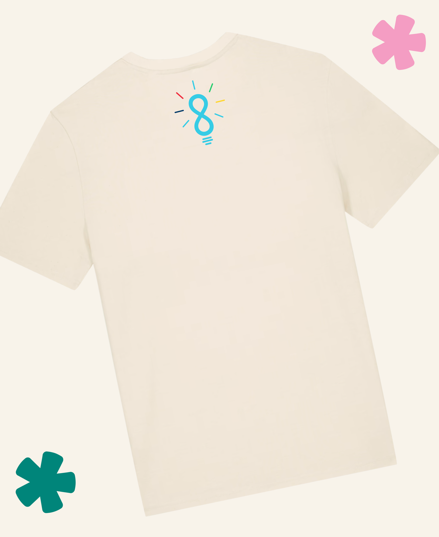 An off-white short-sleeve t-shirt shown from the back, featuring a small light blue lightbulb graphic with colorful lines near the upper back. The t-shirt is displayed on a matching off-white background with decorative pink and teal flower graphics in the corners.Unite Club x Something Profound