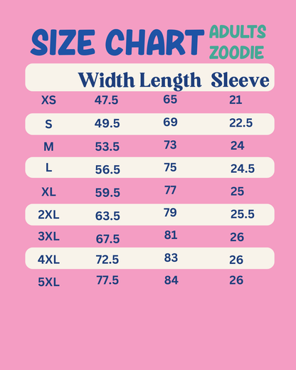 Size chart for adults' zoodies on a pink background