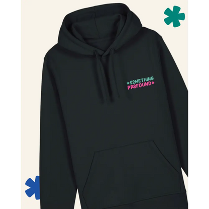 Black hoodie with 'Something Profound' text on a light gray background