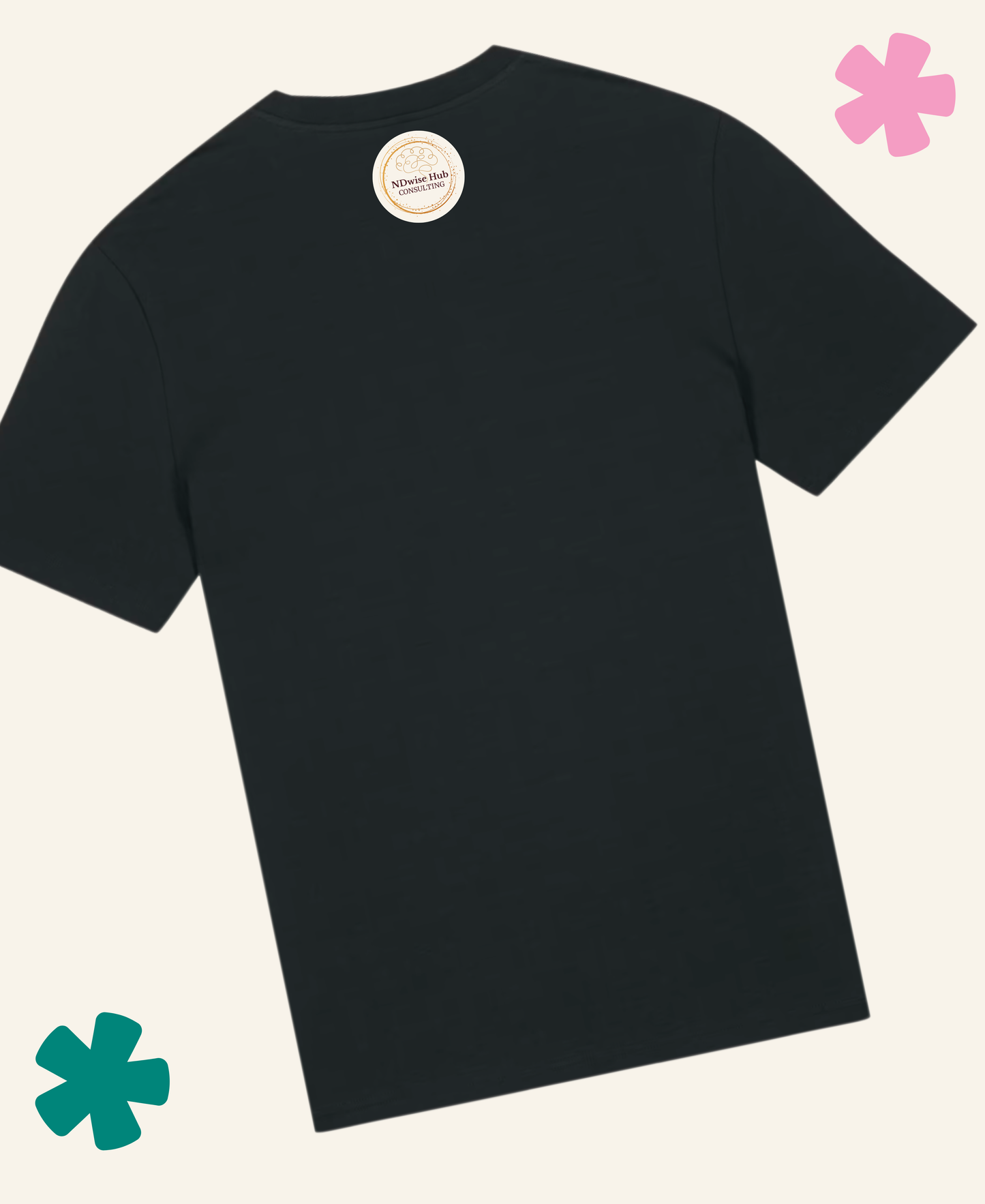 Black t-shirt with a brand label on a light gray background