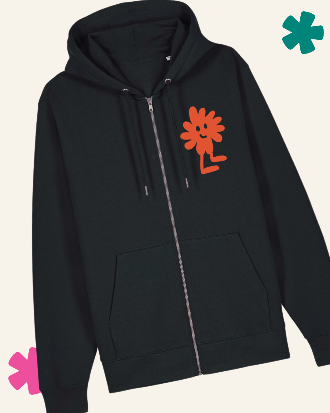 Black hoodie with orange cartoon character on a light beige background