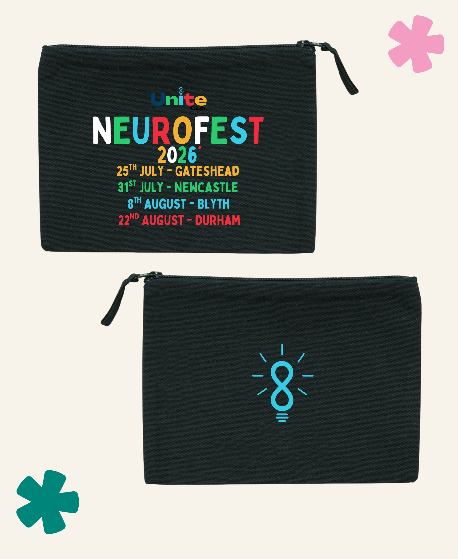 Two black zippered pouches shown on a light cream background. The top pouch features colorful text reading 'Unite NEUROFEST 2026' with event dates below in rainbow colors.
